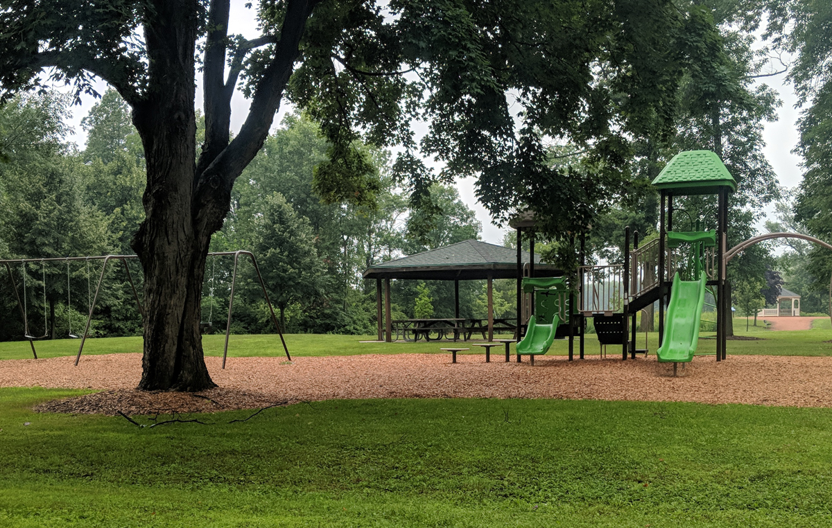 swings and a picnic shelter surrounded by lush trees