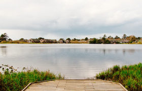 a small lake with a dock and houses in the background
